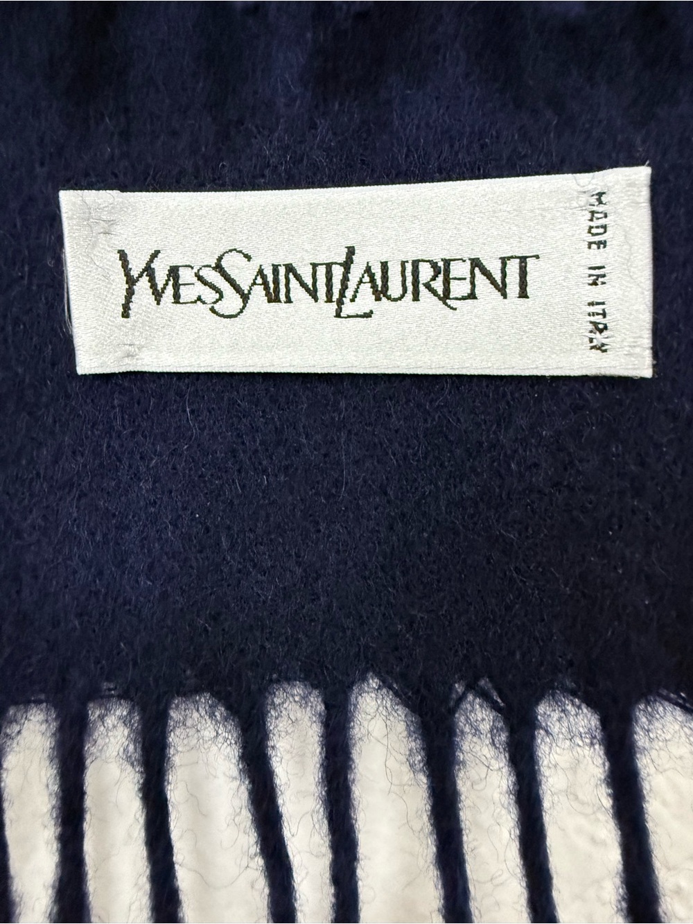 Yves Saint Laurent Navy Wool Scarf with Fringe